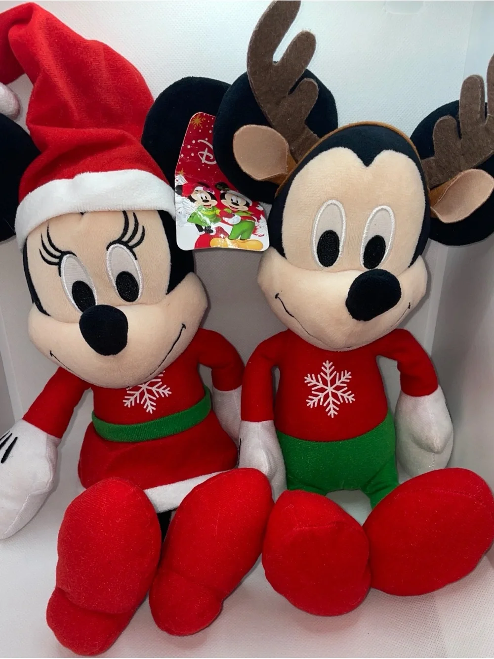 Disney Mickey & Minnie Mouse Christmas Plush Set Santa Hat Reindeer Antlers Sz M